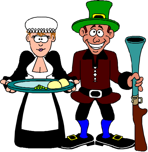 The cartoon depicts a man dressed as Robin Hood holding an arrow with his left hand while standing next to another character who is carrying a tray of food in her right arm; both characters appear happy and are smiling at each other, set against a dark background that contrasts their colorful attire.