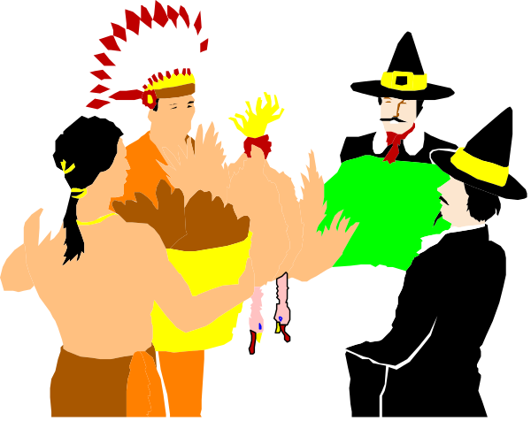 The image shows a group of cartoon characters dressed as Native Americans standing together with various expressions on their faces; there is no text present in this clip-art illustration.