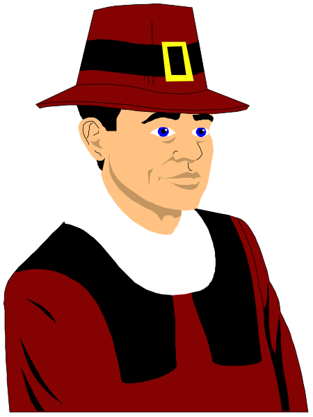 The image shows a cartoon of an older man dressed as William Shakespeare with blue eyes, wearing a red hat and coat, standing against a black background.
