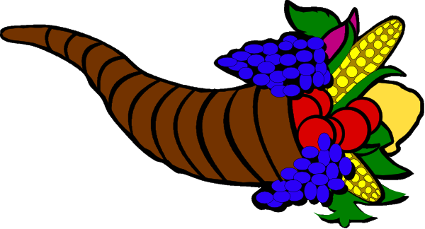 The image shows a cartoon of an ear of corn with various fruits like apples, grapes, berries, bananas, pineapple, kiwi fruit, peaches, plums, pears, and cherries around it on top of what appears to be a basket or container filled with more produce.