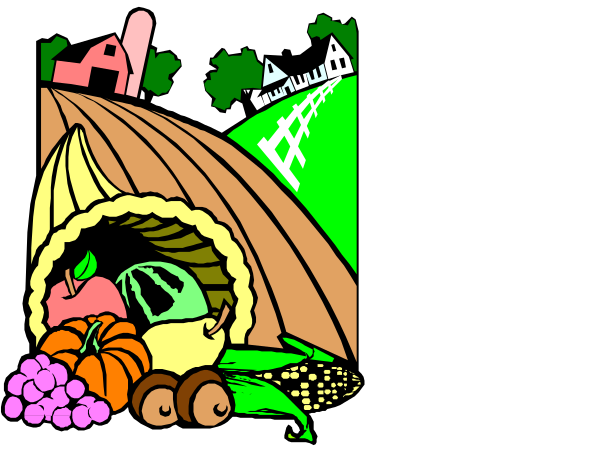The image depicts a cartoon of an autumn scene with pumpkins on either side atop what appears to be hay bales; in between is a large cornucopia filled with various fruits like bananas, apples and grapes. A small house or barn can also be seen behind the produce.