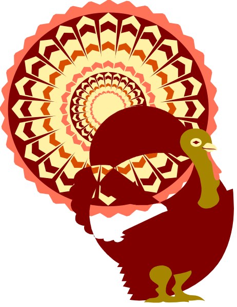 The image features a stylized turkey with an intricate feather pattern on its head standing next to what appears to be a traditional Thanksgiving-style decorative paper plate design resembling autumn leaves, all set against a plain background that does not provide any additional context or setting information.