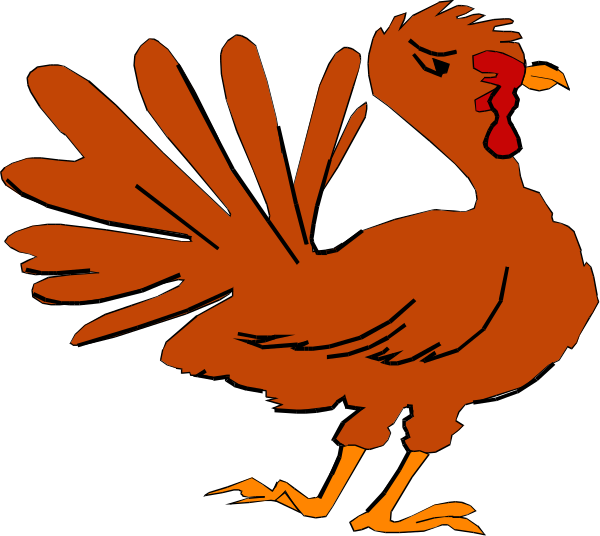 The image shows a cartoon of an orange rooster with its head turned to look at something off camera while standing on what appears to be grassy ground in front of it is another smaller bird that seems startled, possibly by the larger one's actions or presence.