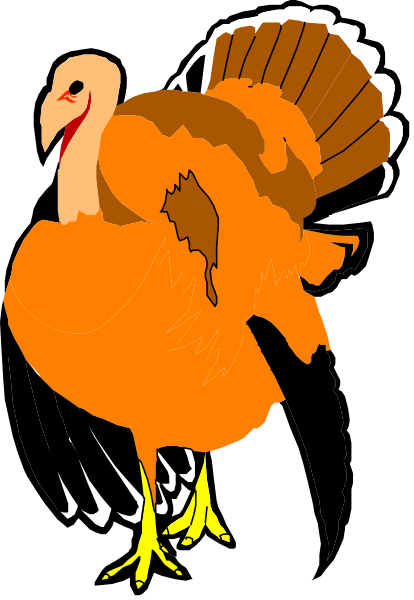 The image shows a cartoon turkey with orange feathers standing on two legs against a black background.
