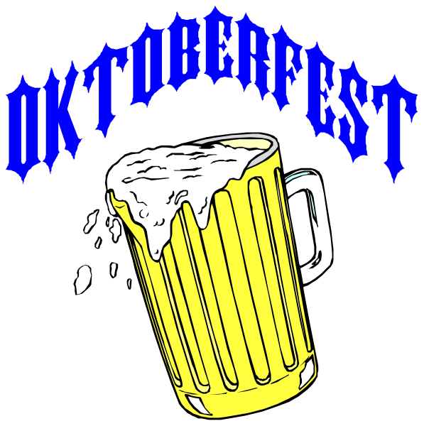 The image shows a graphic with two distinct halves: on the left side is an illustration of a beer mug filled to about half its capacity; above it in bold white letters against a black background reads "OKTOBERFEST." On the right, there's another section featuring text that says "BOOMSHOT" and below it are two images: one shows a glass with liquid being poured into it from an unseen source. The other image is of a beer mug filled to about half its capacity as well; above this second illustration in bold white letters against