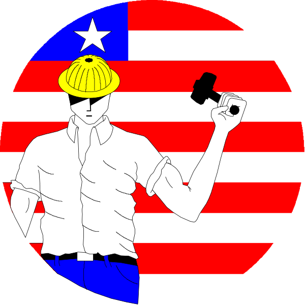 The image features a cartoon of two men with exaggerated facial expressions; on the left is an African American man wearing sunglasses holding up his hand in what appears to be a peace sign gesture, while on the right stands another figure dressed as a construction worker or laborer also making a similar pose. Both are set against a backdrop that resembles a flag with stars and stripes at its center, suggesting an American theme; above them is text reading "COP," which could be interpreted to mean 'Construction Officer' in this context.