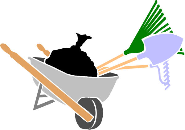 The cartoon shows a wheelbarrow with two shovels on it being pushed by an unseen person towards another wheelbarrow that is already full of dirt; above these objects floats a green bird, and to its right stands a small statue-like figure holding what appears to be a trowel.