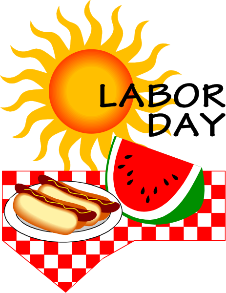 The image shows a picnic scene with food items such as hot dogs on buns, watermelon slices, sunscreen lotion bottle, sunglasses, and an umbrella in front of it all.