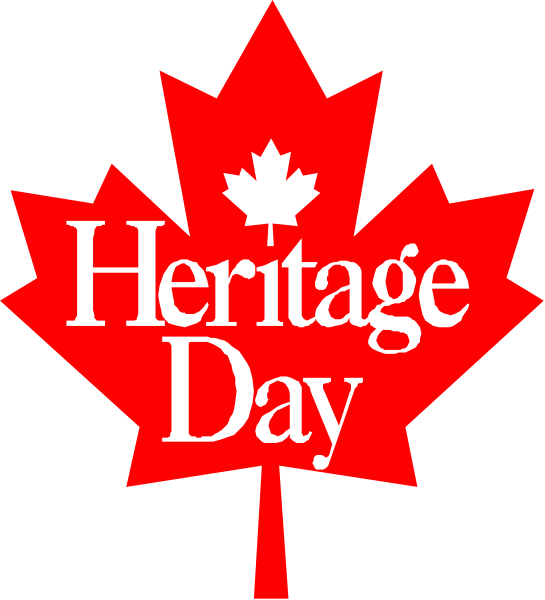 The image features a red maple leaf with white text that reads "Heritage Day" on it against a black background.