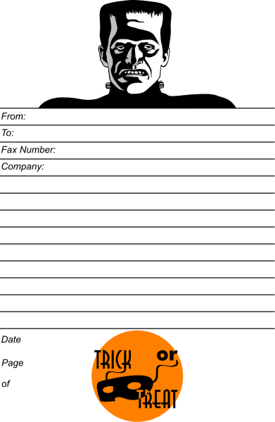 The image features a black background with two distinct sections: on top left corner is an illustration of Frankenstein's monster in white; below it to right side shows "trick 'r treat" written in orange and yellow text, resembling candy corn colors associated with Halloween treats.