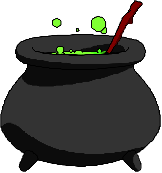 The first frame shows a witch's hat with green sparks flying out of it; the second frame depicts an animated cauldron filled with bubbling potion ingredients like eyes, teeth, bones, and other mysterious items being stirred by a red spoon or wand.