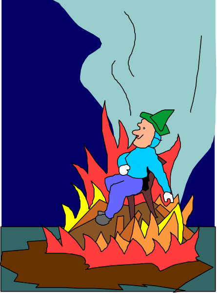 The cartoon depicts a man sitting on top of burning logs with flames surrounding him; he is wearing blue jeans and holding an object that appears to be a stick in his hand while looking upwards towards smoke rising from above, suggesting danger nearby.