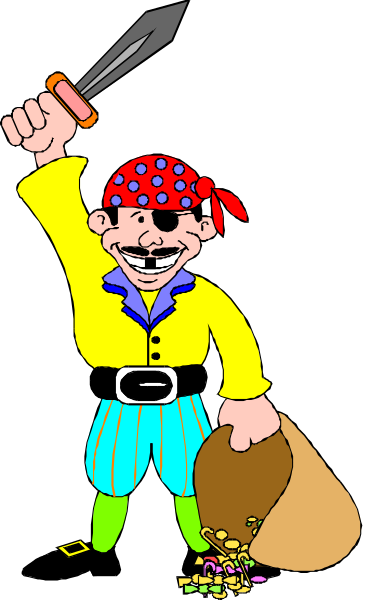 The cartoon depicts a pirate character with an exaggerated mustache holding bags of treasure while standing on land next to his ship's anchor.