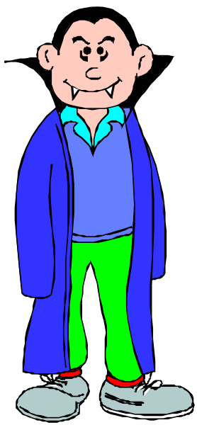 The cartoon shows a man standing against a black background with his hands behind him; he is wearing blue jeans rolled up at the bottom to reveal white socks, red sneakers, green pants, an open-collared shirt in shades of yellow and orange, and has dark hair styled into spikes.