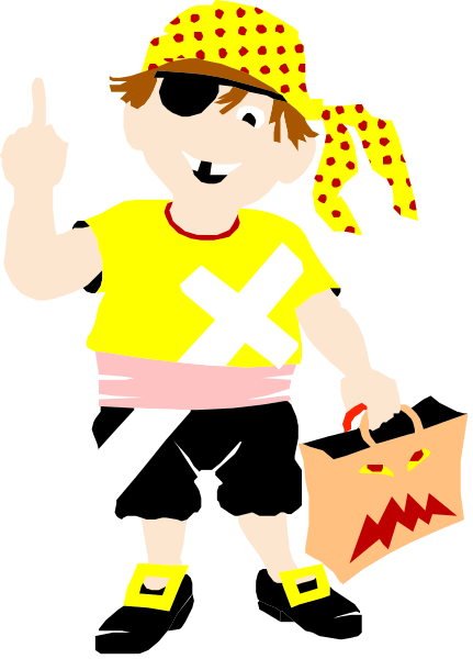 The image features a cartoon character dressed as an old pirate with a yellow shirt holding a treasure chest labeled "X marks spot" in his right hand while pointing to something off-frame with his left index finger, standing on what appears to be land next to water under a clear sky during the day.