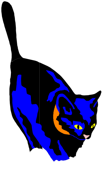 The image shows a black cat with an orange collar peeking out from behind what appears to be a blue curtain on either side of it in front of a gray background.