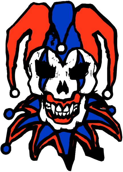The image shows a stylized graphic of an animated character with blue hair wearing red makeup around their eyes, resembling clown-like features; it has white teeth in its mouth that appear to be sharp and jagged like bones, giving off a creepy vibe.