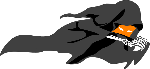 The image shows a black silhouette of an animated character resembling Batman with orange highlights on his cape flying through what appears to be night sky against a dark background.