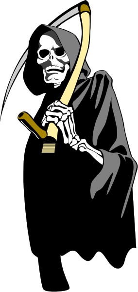 The image shows a cartoon of an animated skeleton holding a shovel with its right hand while standing against a black background.
