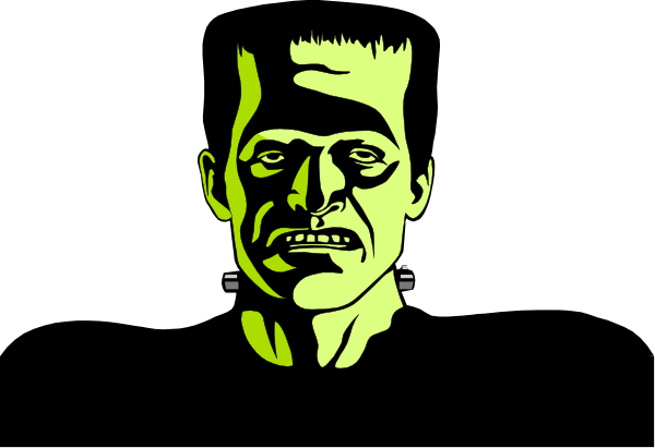 The image shows a black and white illustration of an animated character with exaggerated facial features resembling Frankenstein's monster against a dark background; there is no text present in this clip-art version, which focuses on the central figure without any additional context or elements from its original source material.