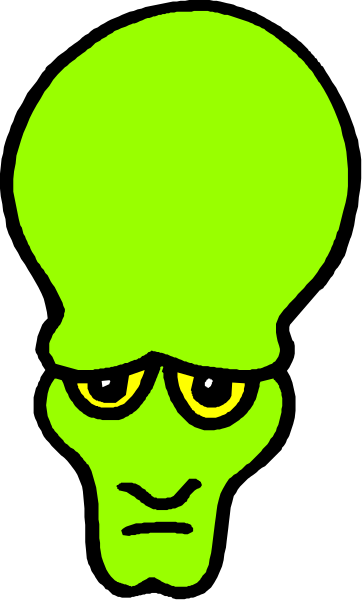 The image shows a green alien head with sad eyes against a black background.