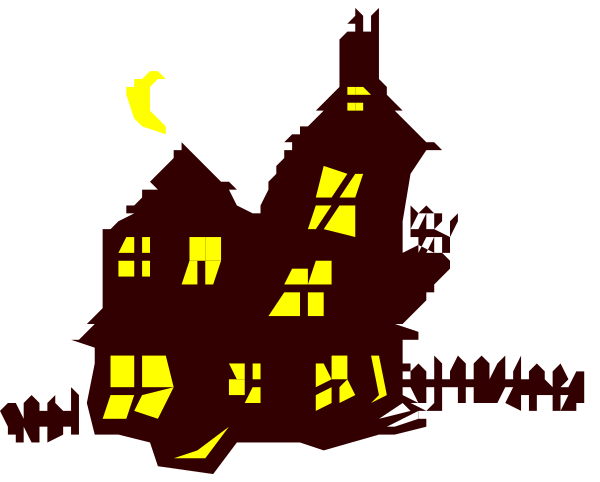 The image shows a cartoon depiction of an old house at night with lit windows on both floors; there is no text present in this small clip-art image.
