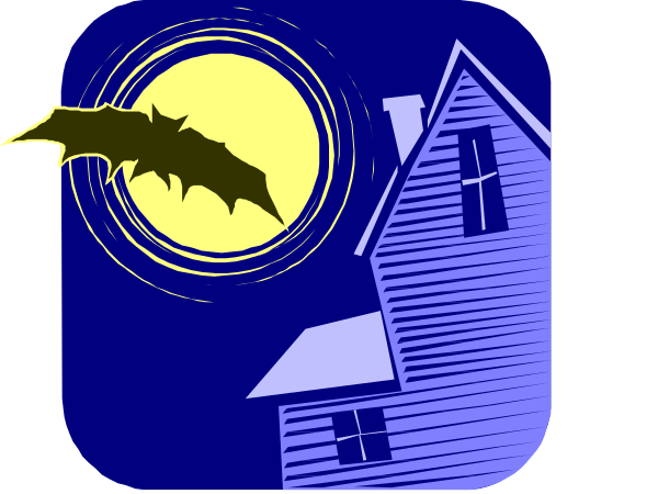 The image shows a square icon with an illustration of a haunted house at night under a full moon. A bat is flying in front of it towards the right side of the frame.