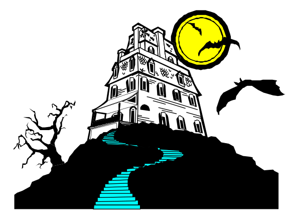 The image shows a castle at night with moonlight illuminating it against an ominous sky background featuring bats flying around; there is also a winding path leading up to the castle entrance under what appears to be a full moon, and no people or animals can be seen in this clip-art.