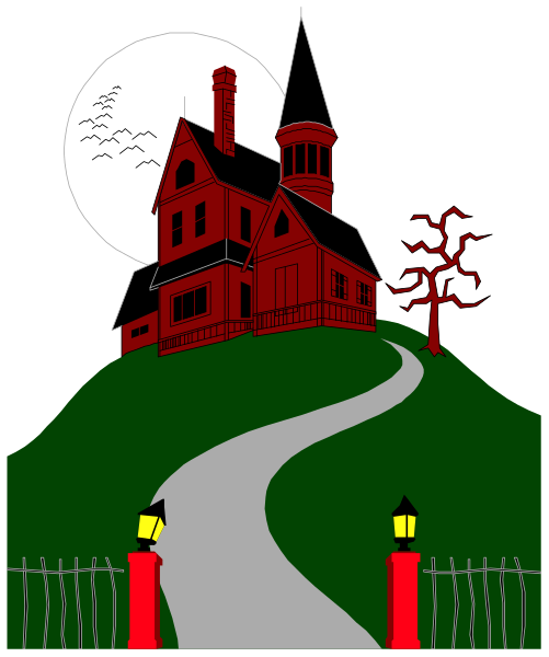 The illustration depicts a red house with white trim on top of a hill at nighttime under a full moon. A winding road leads up to it from below.