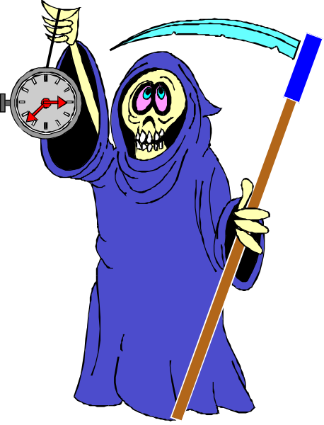 The cartoon depicts a skeleton holding an hourglass while standing on top of what appears to be a clock tower with its hands raised in alarm.