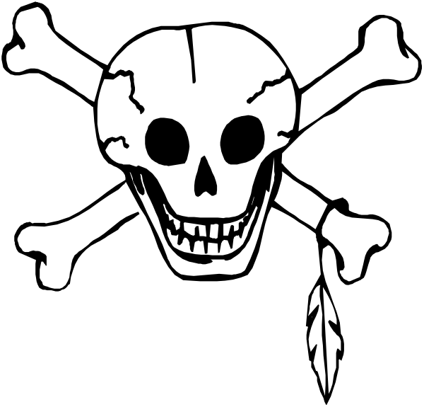 The black and white logo of a pirate's skull with crossed bones behind it on top left corner.