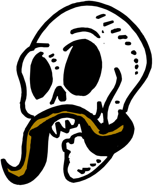 The black and white illustration features a skull with an exaggerated mustache on its lower jaw, set against a dark background.