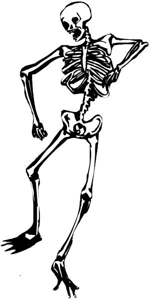 The black and white silhouette of a skeleton dancing with its arms outstretched against a dark background.