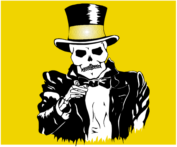 The image shows a black and white illustration of an animated character dressed as a skeleton wearing top hat with tails on either side, holding up its right hand in a gesture that suggests pointing at something off-camera while standing against a yellow background.