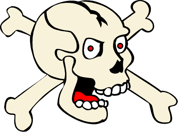 The image shows a skull with crossed bones on it against a black background.