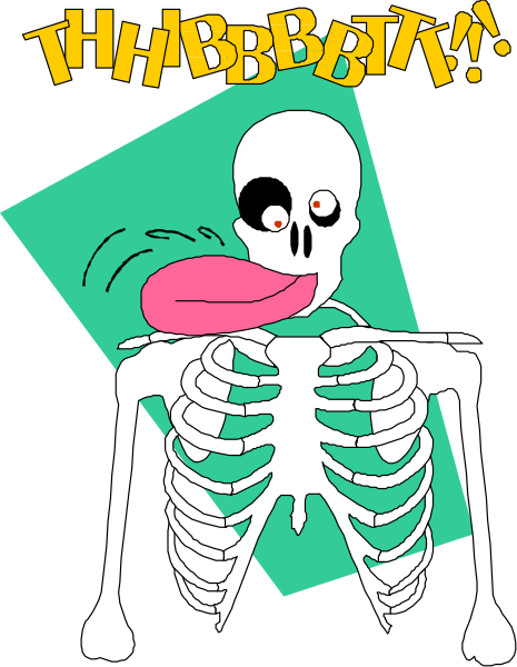The image features a cartoon skeleton with an exaggeratedly large head holding its tongue out towards another smaller figure that appears to be in distress due to being hit by something off-screen labeled "THIBBBIT!"