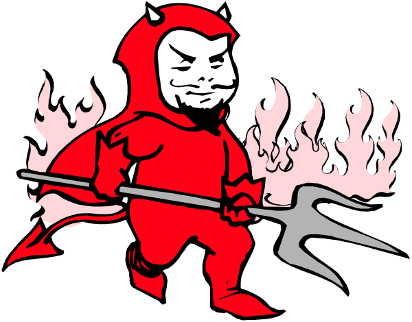 The image shows a cartoon of an evil devil character with red skin holding two pitchforks on either side while standing in front of flames; it is set against a black background.
