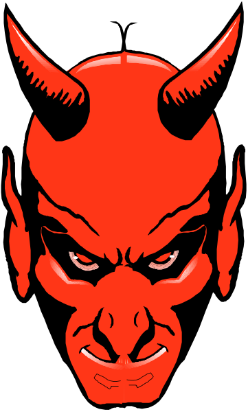 The image shows a red devil's head with horns against a black background.