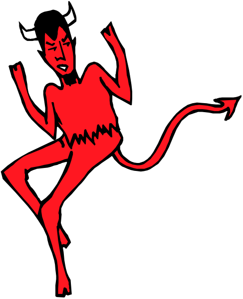 The image shows a cartoon of an animated devil character with horns sitting on top of what appears to be a chair in front of a black background.