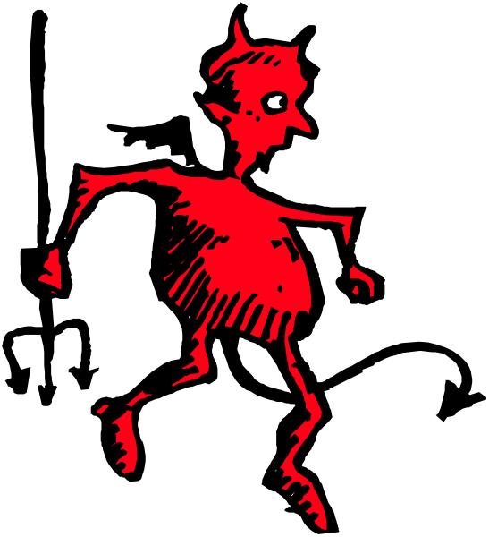 The black and white silhouette of a person walking with an object that resembles a red devil's head on their back.