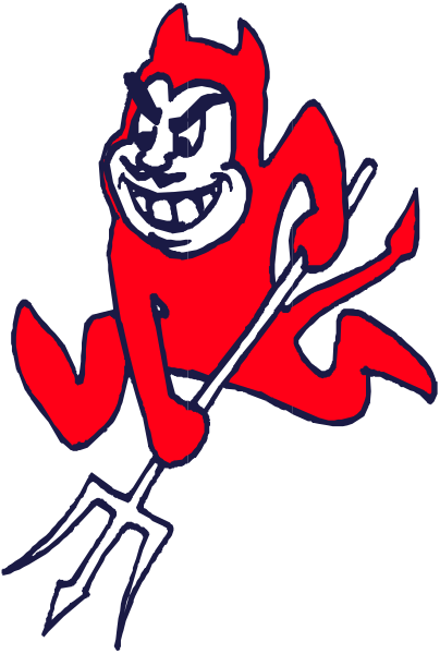The image shows a cartoon devil character with red skin riding on top of an arrow pointing downward while holding two pitchforks crossed in front of him; he is wearing horned headgear and has pointed ears, large eyes that appear to be glowing or lit up from within, and sharp teeth.