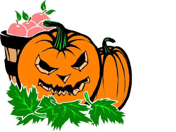 The image features two jack o'lanterns with carved faces on a black background; above them is an arrangement of autumn leaves in shades of orange and green, along with pumpkins that have been cut open to reveal their interiors.