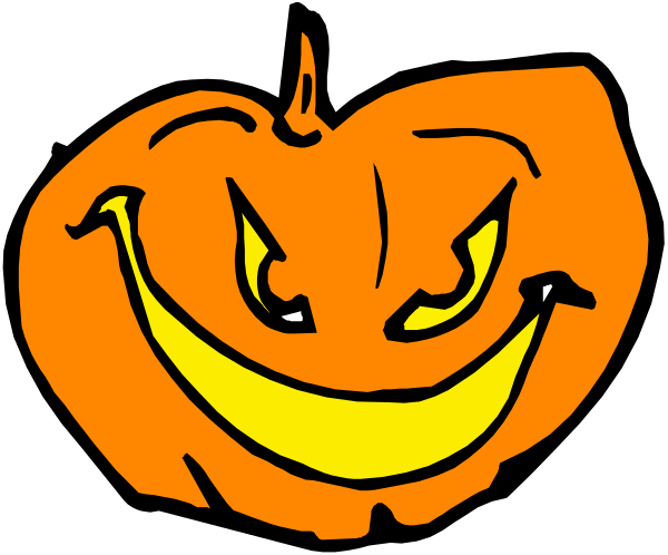 The image shows a black background with two Halloween pumpkins drawn on it: to its left is an orange jack-o'-lantern face that appears happy; to its right is another smaller pumpkin also in shades of yellow and white, but this one has been altered by adding devil horns.