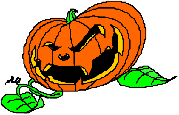 The image features a cartoon pumpkin with carved eyes and mouth on Halloween night against a black background.