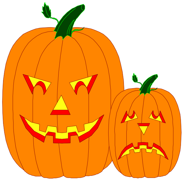 The image shows three jack o' lanterns with carved faces: a large pumpkin on top left displaying an angry expression; two smaller ones in front of it showing happy expressions; all set against black background, resembling Halloween decorations.