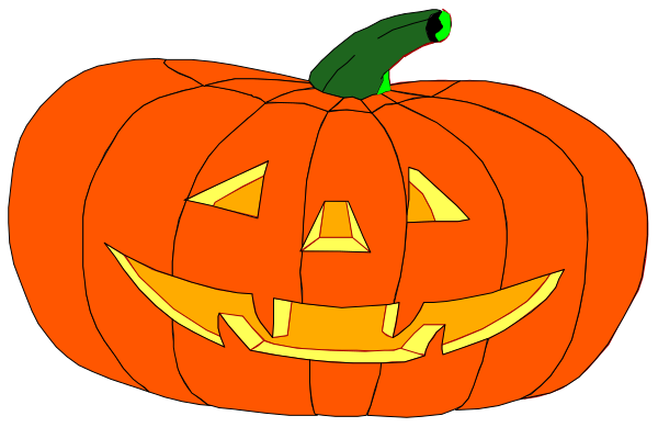 The image shows a Halloween theme with two pumpkins: on the left side is an orange jack o' lantern decorated to look like a smiling face; next to it in the center-right area of the frame, there appears to be another smaller carved pumpkin that looks more menacing and has teeth.