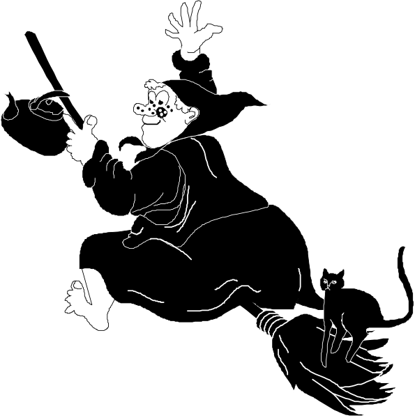 The black and white illustration shows a witch riding on an animal's back with a broomstick between their legs; below them is another image of the same scene but in color where the cat has been replaced by a dog, which appears to be chasing or accompanying the witch.