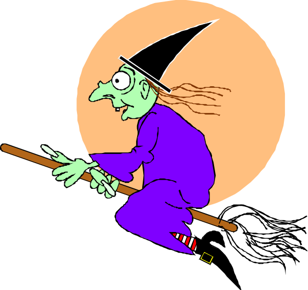 The illustration shows a witch on her broomstick flying against an orange moonlit sky with clouds around it; she is holding out one hand as if casting a spell while riding through what appears to be Halloween night, given by the presence of pumpkins and ghosts in the background.