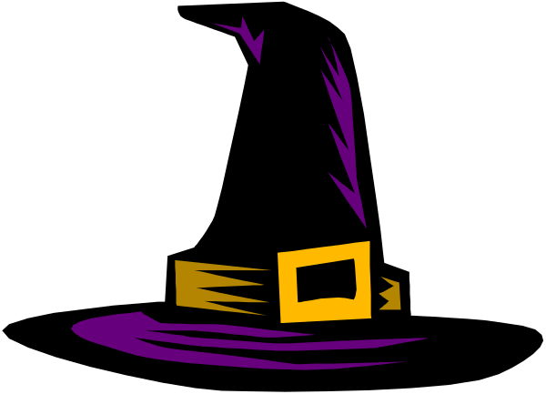 The image shows a black and white graphic of an abstract witch's hat with swirling patterns on it against a dark background.