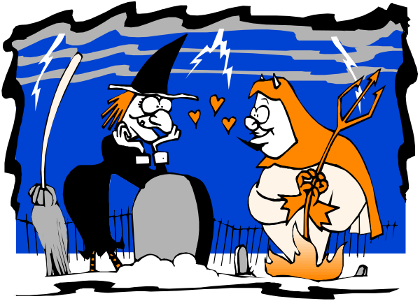 The image depicts a cartoon scene with two characters: on the left is an animated witch wearing black clothing holding a broomstick; to her right stands another character resembling a devil figure in red, also wielding a pitchfork and carrying what appears to be flames or fire. They are standing outside at night under a starry sky filled with clouds that have lightning bolts depicted within them. The witch is holding an object shaped like a heart towards the other character's face; both characters seem surprised by this gesture, as indicated by their facial expressions and body language.
